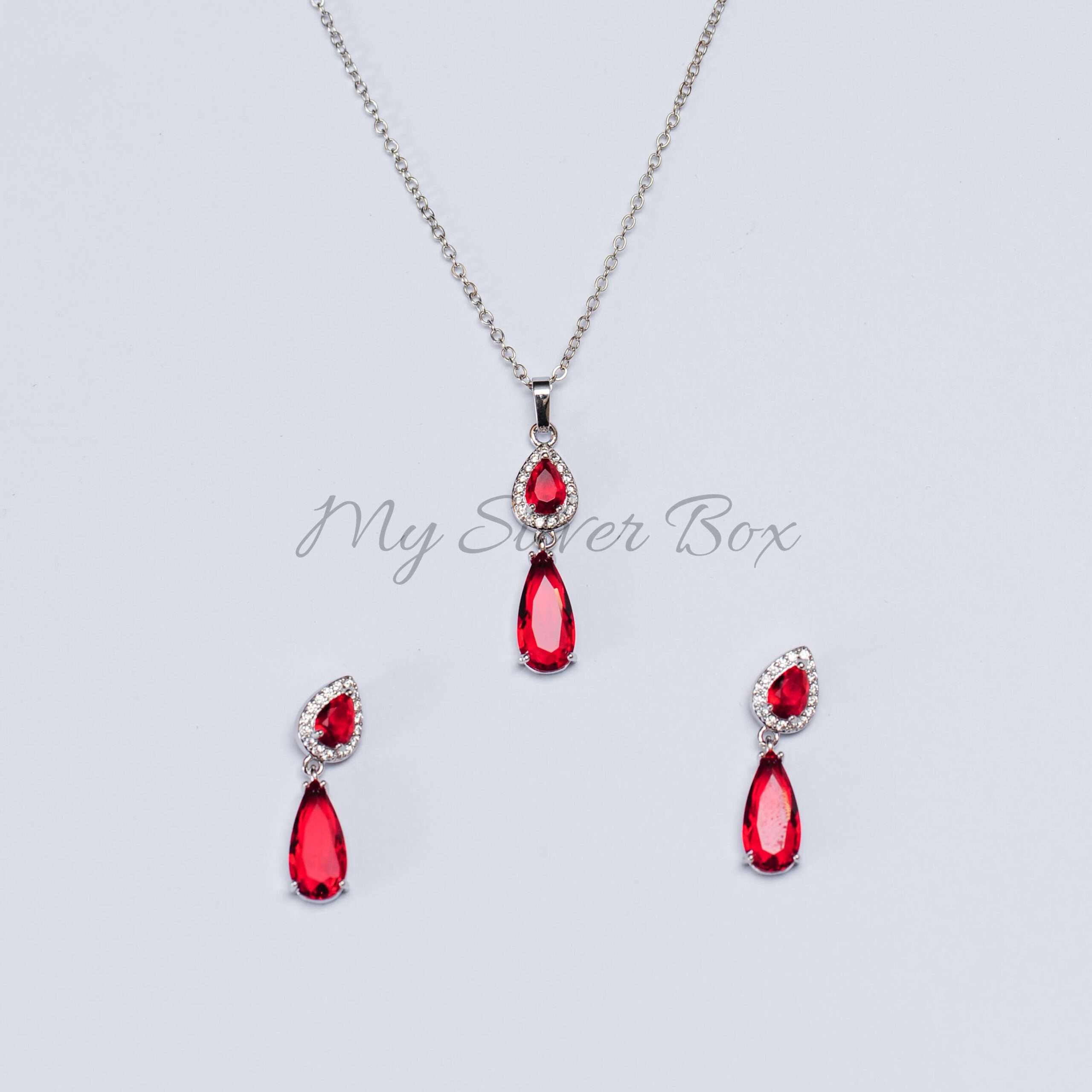 Silver Almond shape set in Red