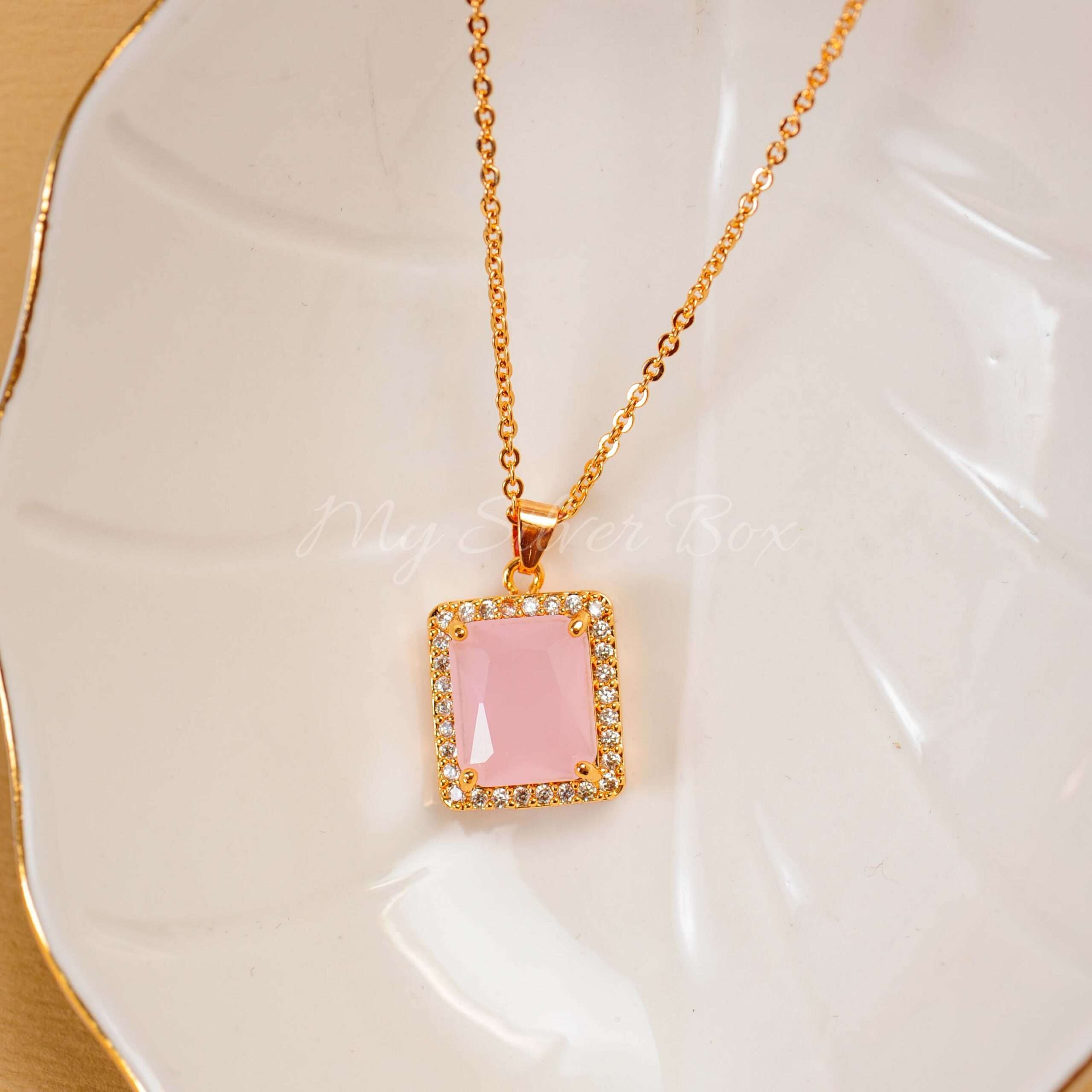 Pink Rectangle Zircon Gold Locket