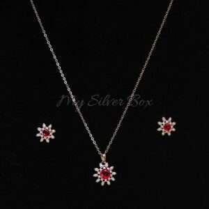 Red Zircon Flower Silver Set