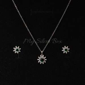 Dark Green Zircon Flower Silver Set
