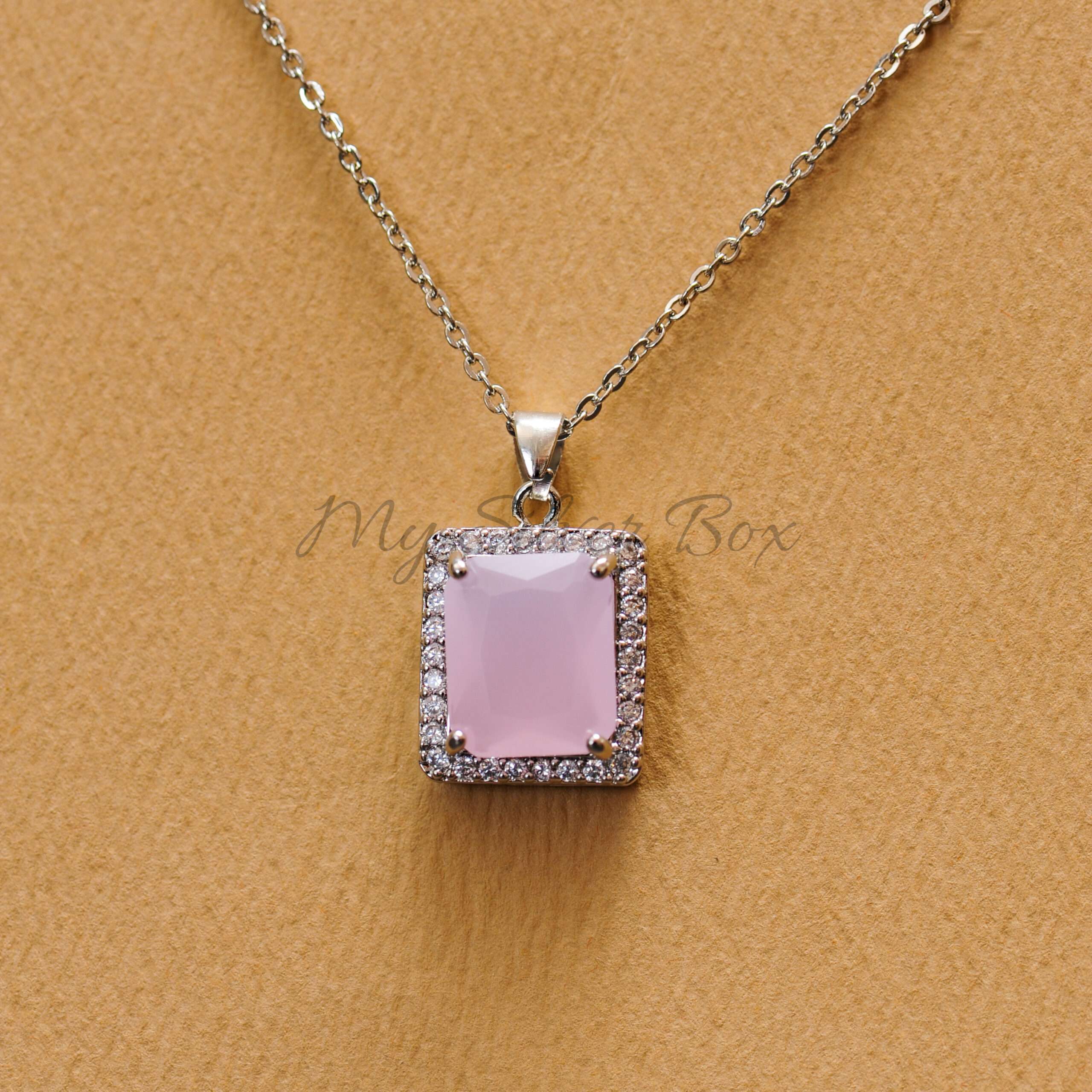 Pink Rectangle Zircon Silver Locket