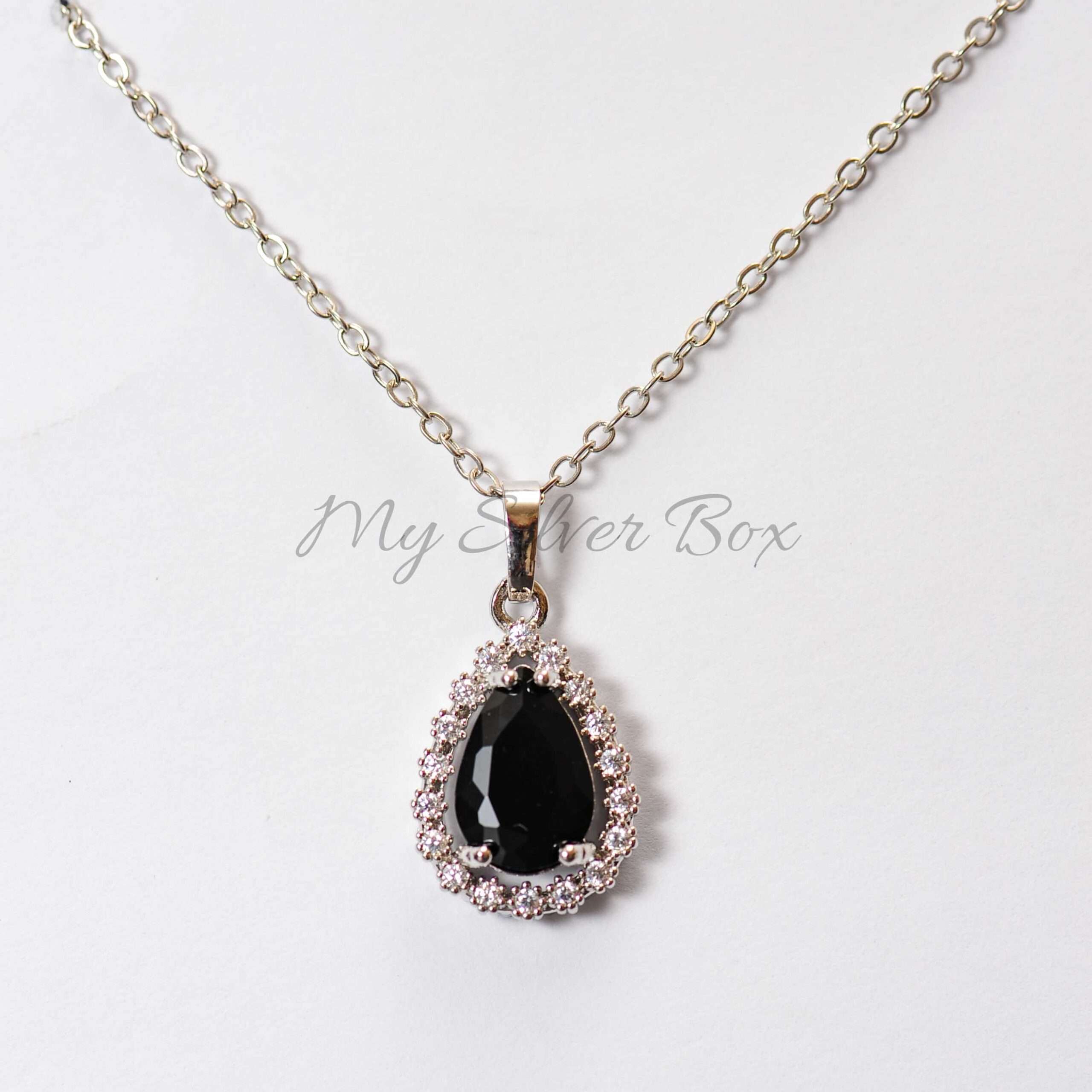 Silver Zircon with Tear Shape Black Pendant