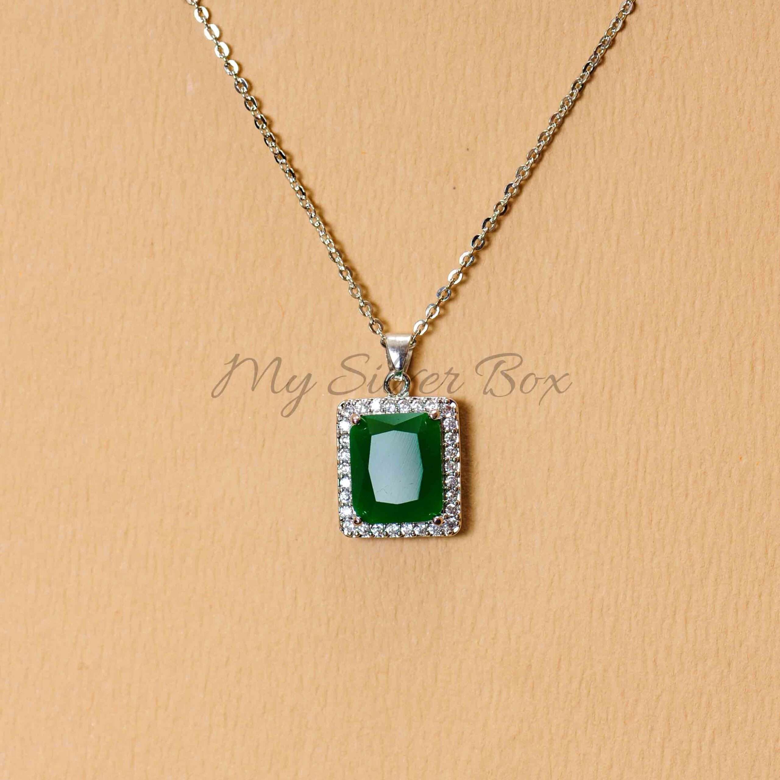 Dark Green Rectangle Zircon Silver Locket