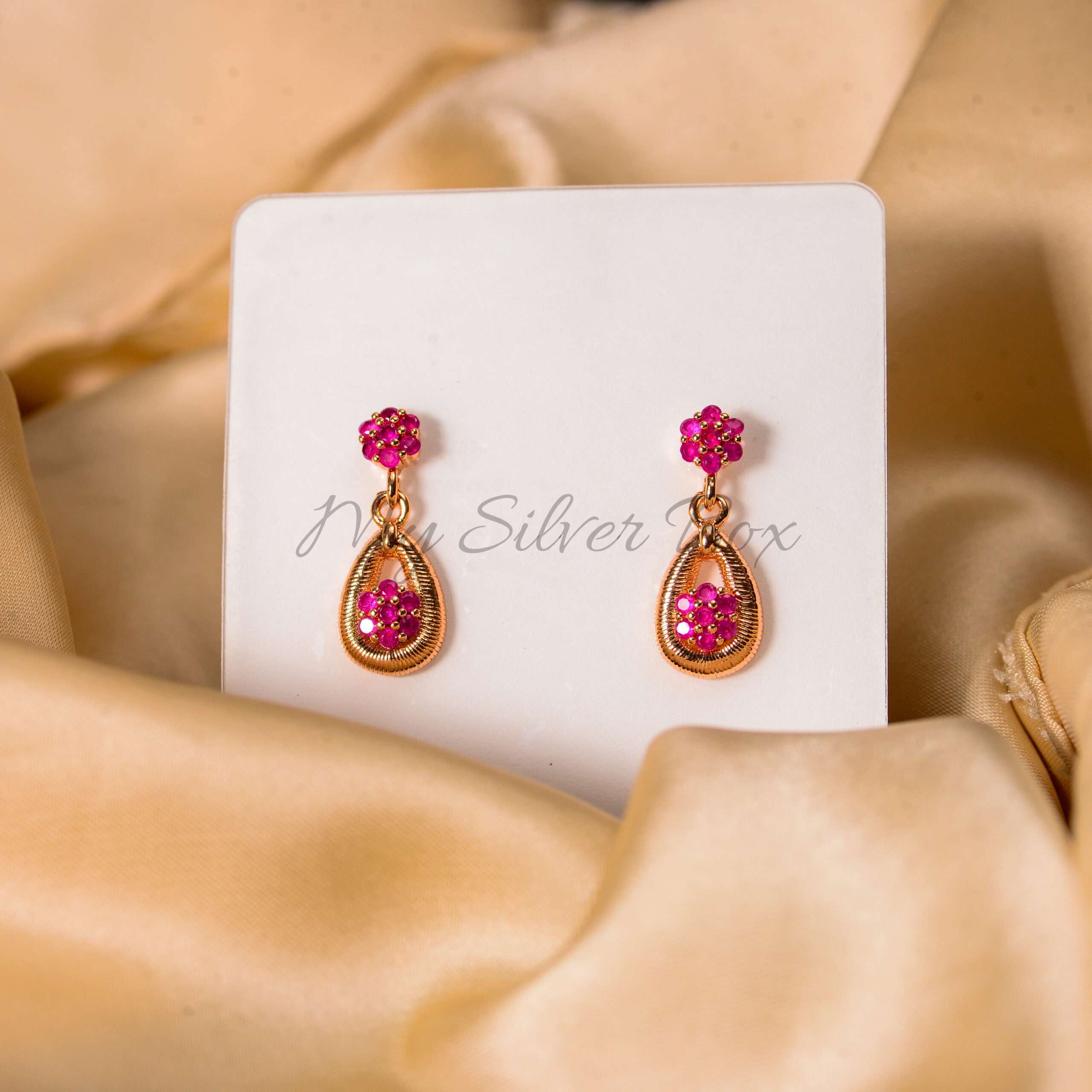 Gold Earrings with 2 Pink Zircon Flower